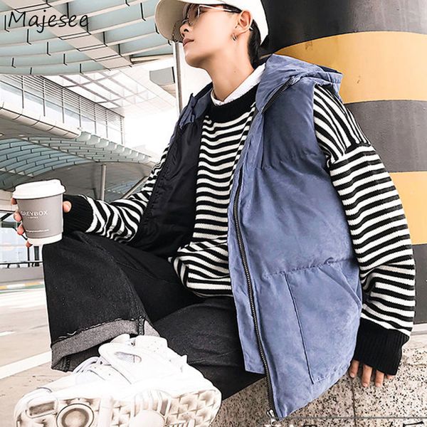 

winter waistcoats men solid pockets thick warm hooded all-match plus size 3xl mens vest chic korean ulzzang kpop, Black;white