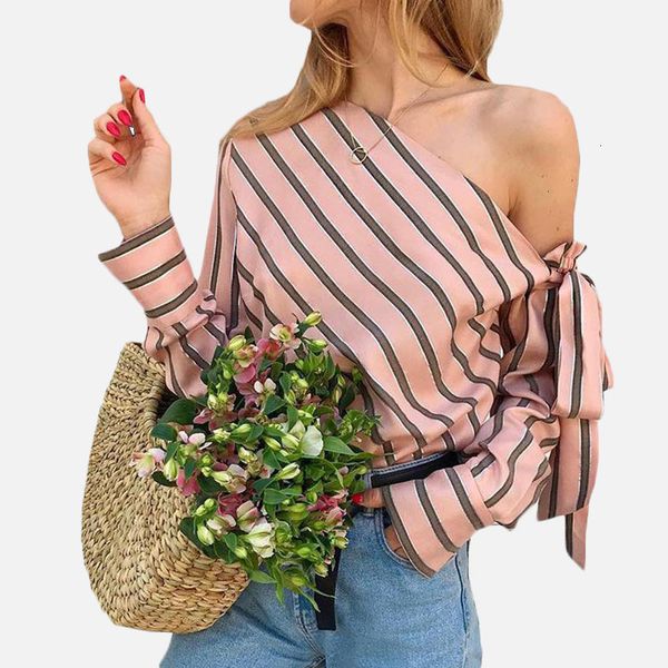 

дизайнер блуза для женщин один из полосатой плечи боути женщина рубашки sexy перекос воротник женской блузка 2019 summer casual топ женского, White