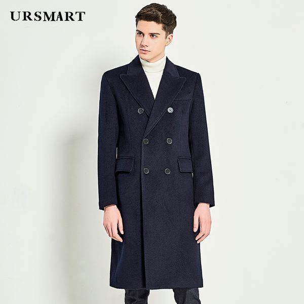 

ursmart autumn winter new style double-row button coat men's long business men's coat fashionable navy men, Black