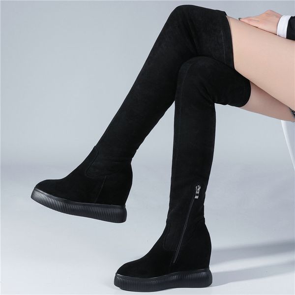 

womens cow leather stretchy wedges high heel slim leg thigh high military boots pointed toe platform winter pumps long sneakers, Black