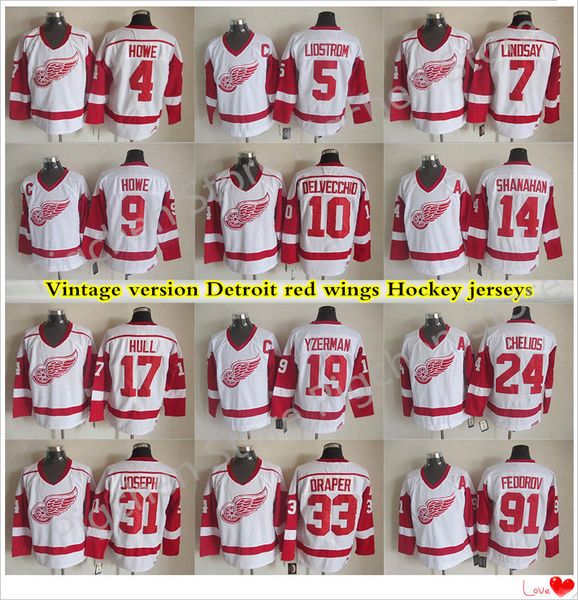 

detroit red wings vintage version jerseys 19 yzerman 9 howe 5 lidstrom 24 chelios 91 fedorov 7 lindsay 14 shanahan ccm hockey jerseys, Black;red