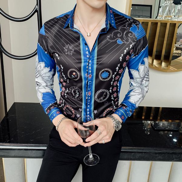 

2019 autumn man self-cultivation long sleeve shirt shirt male flower the sun of spirit printing black white vetement homme, White;black