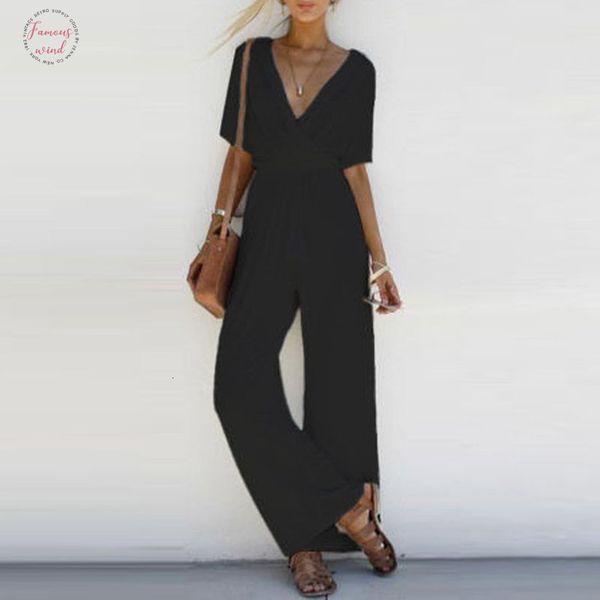 

white jumpsuit romper short sleeve v neck casual playsuit overalls ladies wide leg loose black pink playsuit, Black;white