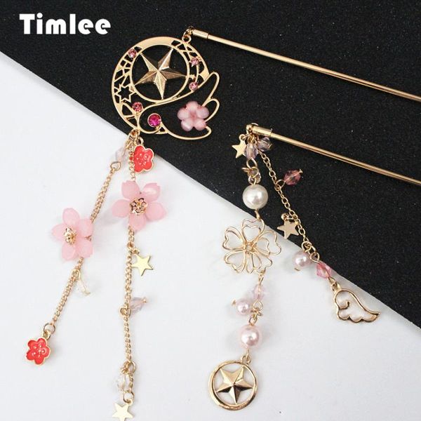 

timlee h046 sweet beautiful pink sakura cherry blossom flower wing star hair sticks hair accessory wholesale, Golden;white