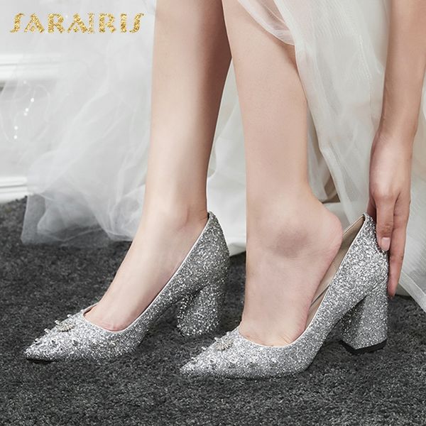 

sarairis new design pointed toe 2019 party wedding pumps woman shoes slip on chunky heels bling shoes women pumps, Black