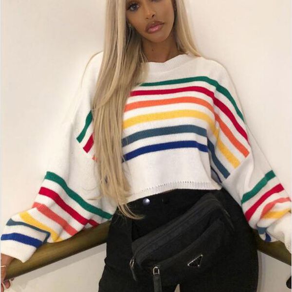

fashion women autumn winter sweater o-neck colourful long batwing sleeve patchwork stripe pullover casual loose sweater women, White;black