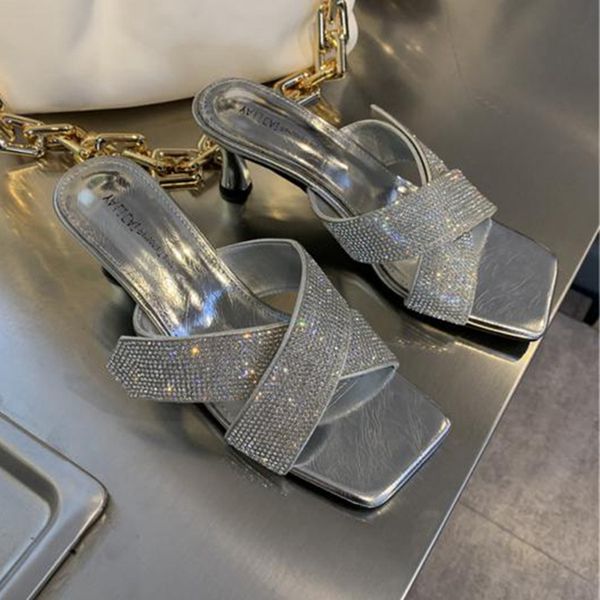 

silver gold bright rhinestone high-heeled sandals open toe square head slippers female summer women's cross sandals and slippers, Black