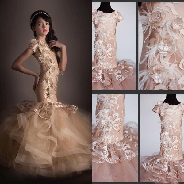 

2019 mermaid long little girl' pageant dresses short sleeve feather lace flower girl dress for weddings jewel neck teens prom gowns, White;red