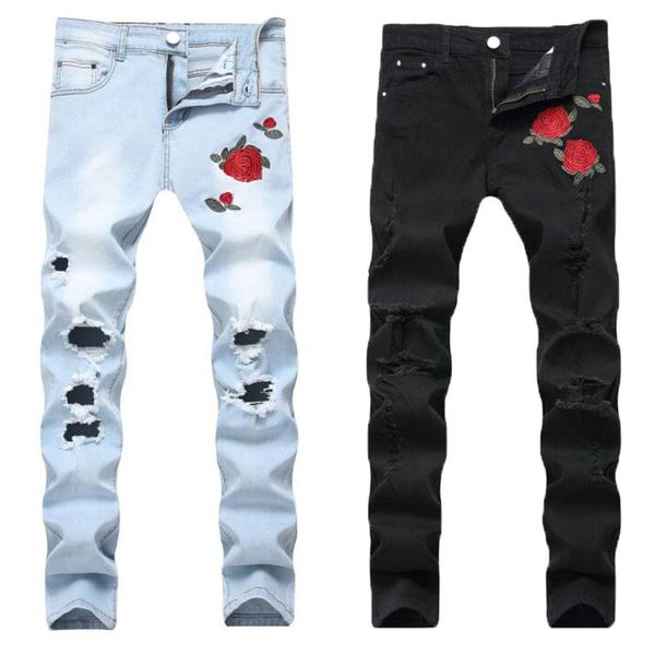 

Роскошные Розовые Вышитые Джинсы Новый Дизайнер Мужские Джинсы Известный Бренд Slim Fit Мужские Печатные Джинсы Байкер Джинсовые Брюки