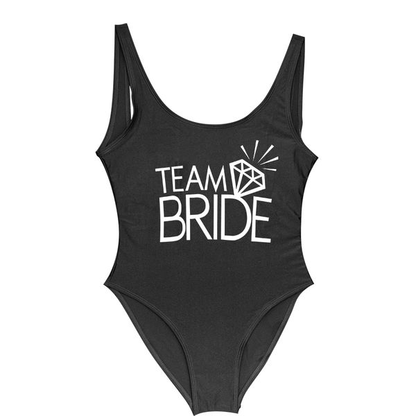 

team bride letter print diamond pattern one piece swimsuit women swimwear monokini bodysuit jumpsuit bathing suit wedding, White;black