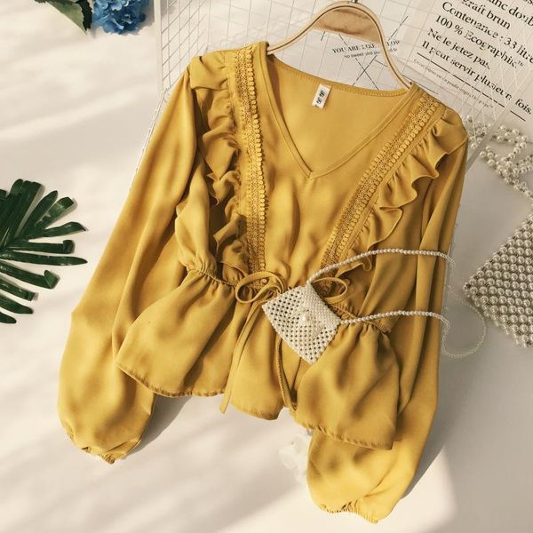 

Februaryfrost Women Drawstring Sash Ruffles Blouse V-Neck Lace Patchwork Vintage Blusa Solid Slim Fashion Tops for Spring Summer