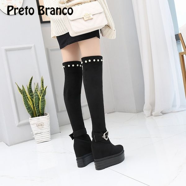 

preto branco 13cm heels autumn winter slope female height increase wild thick bottom stove stretch over knee boots zyw, Black