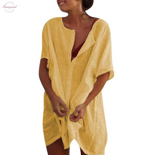 

women clothes fashion solid color tunic loose dress ladies boho v neck short sleeve button solid cotton summer beach dress, Black;gray