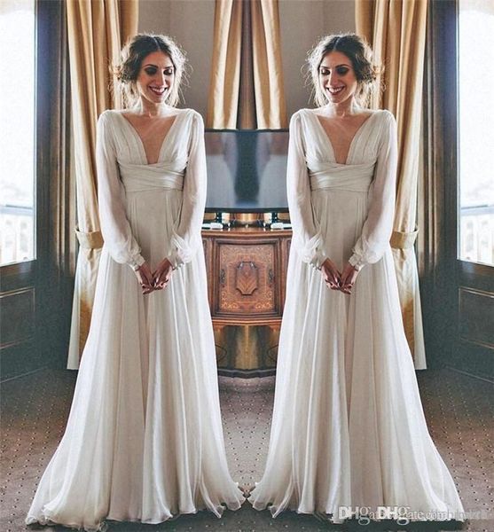 

a line modest boho beach wedding dresses 2019 long sleeves v neck plus size chiffon summer maternity country greek style bridal gowns, White
