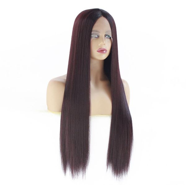 

new designer fashion lace front wig sell synthetic hair wig traceless hairline classic ombre long straight hair split full head set, Black;brown