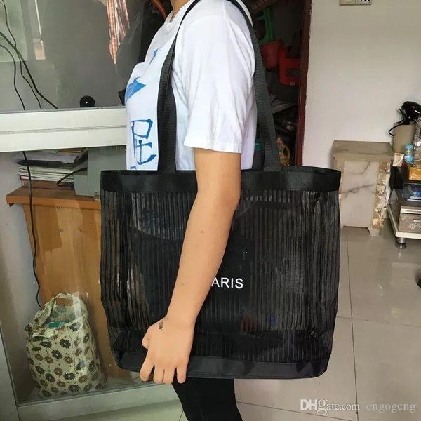 

2017 custom fashion storage shoulder bag with magnetised cover black gauze shopping bag eco-friendly large beach bag woman casual handbag
