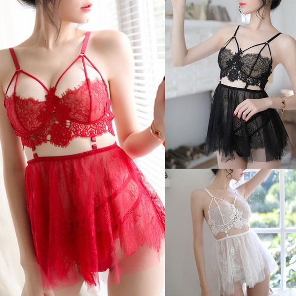 

popular lingerie female flower lace perspective sling sleepwear net yarn eyelash lace mini skirt underwear 1 set, Red;black