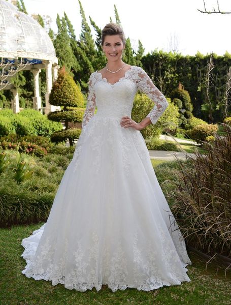 

женское кружевное свадебное платье свадебное платье с длинными рукавами a-line country garden sweep train свадебное платье v-образным вырезо, White