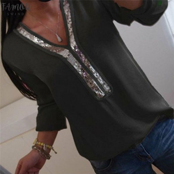

2020 loose sequin shirts glitter sequins tunic shirt autumn women v neck pullover plus size fashion casual, White