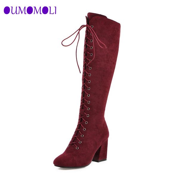 

knee-high boots zipper women shoes square heel boots ladies heel height .5cm cross-tied women shoes size 35-43 j479, Black