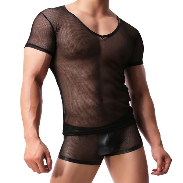 

undershirts man undershirt/men mesh sheer t shirts/male transparent v-neck short sleeves inner, Black;brown