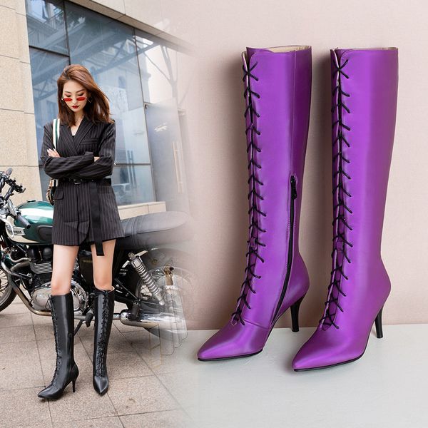 

thin high heels women boots over the knee boot pointed toe lace up female shoes winter warm footwear super big size 33-43, Black