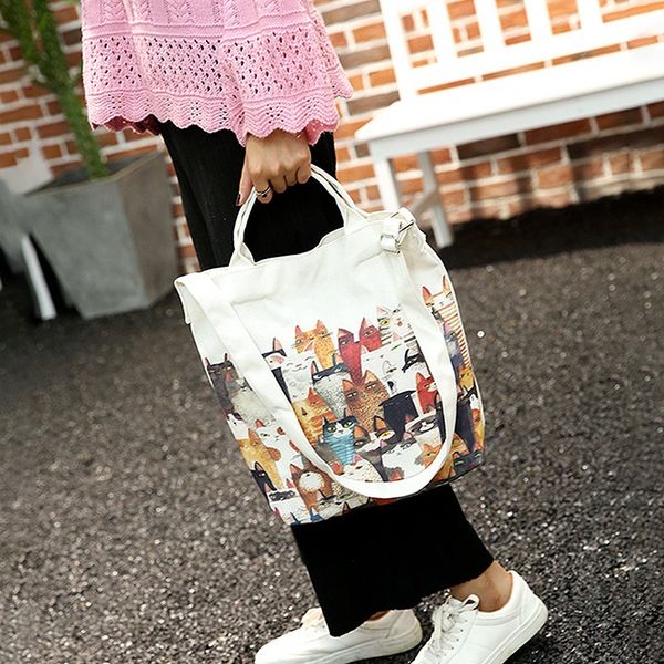 

women handbag canvas cartoon cats printing shoulder beach bags casual female tote shopping bag female casual