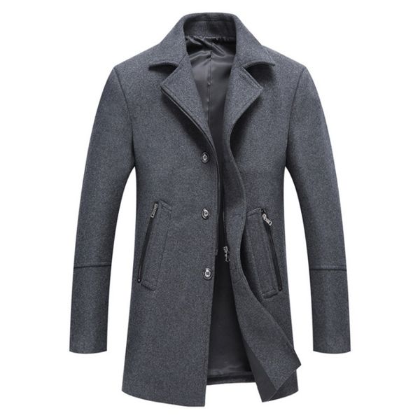 

new winter wool coat men single breasted grey long trench coat casual wool & blends jacket slim fit fashion mens woolen overcoat, Black