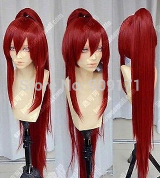 FREE SHIPPING+++ Fairy Tail Erza Scarlet Dark Red Cosplay Party Wig w/ Ponytails +1 ponytail