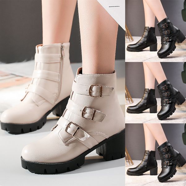 

autumn winter boots fashion pure color round toe zipper boots square root heels solid color vintage buckle strap women, Black
