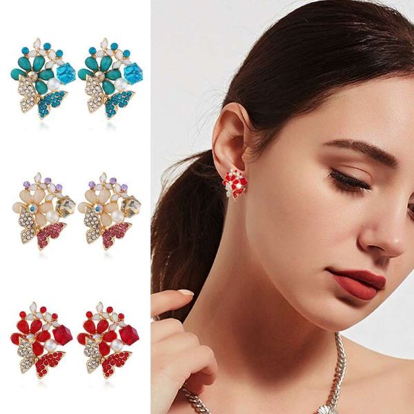 

butterfly flowers diamonds ear studs for women colorful alloy rhinestone earrings girl crystal earring jewelry 3 colors pink red blue, Golden;silver