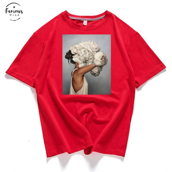 

95% cotton bloom flower feather women t shirt 2019 summer short sleeve round neck harajuku printing tee casual fashion female, White