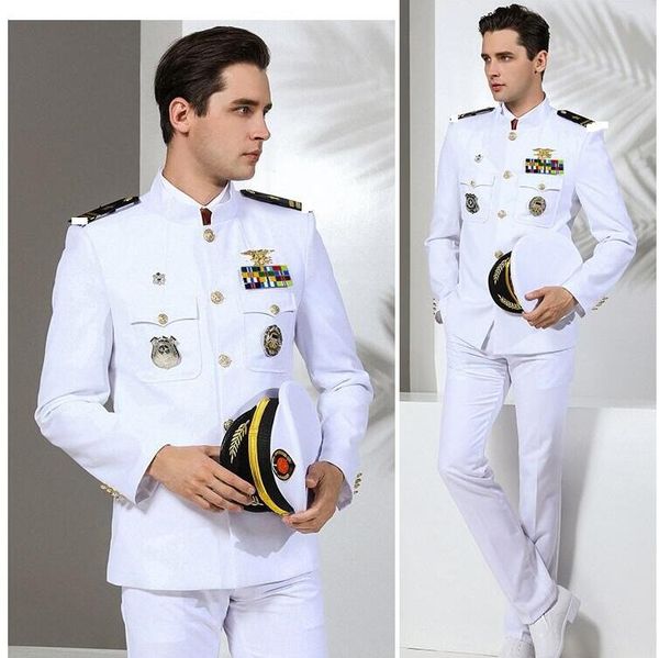 

male american navy formal attire white military suits hat + jacket + trousers european standard navy uniform white military clothing, Black;white