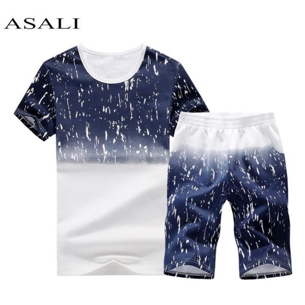 

asali men set 2018 new summer men tracksuit short-sleeved t shirt shorts sets casual male sweatshirt camouflage sportswear suit, Gray