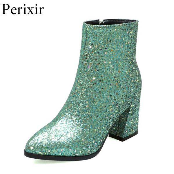 

winter glitter shoes women runway bling ankle boots gold silver shiny shoes side zip square high heel comfort casual woman, Black