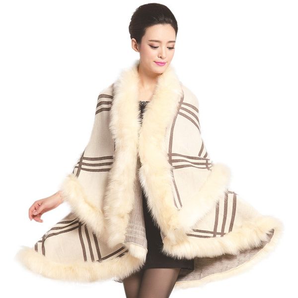 

women winter knit faux fur coat trim layers poncho cape shawl open front cloak cardigan sweater cape coat fashion 2020cm t, Black