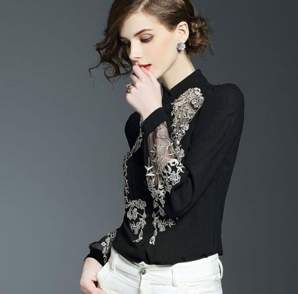

new european and american chiffon embroidered lantern sleeve women's long sleeve versatile bottomed shirt, White