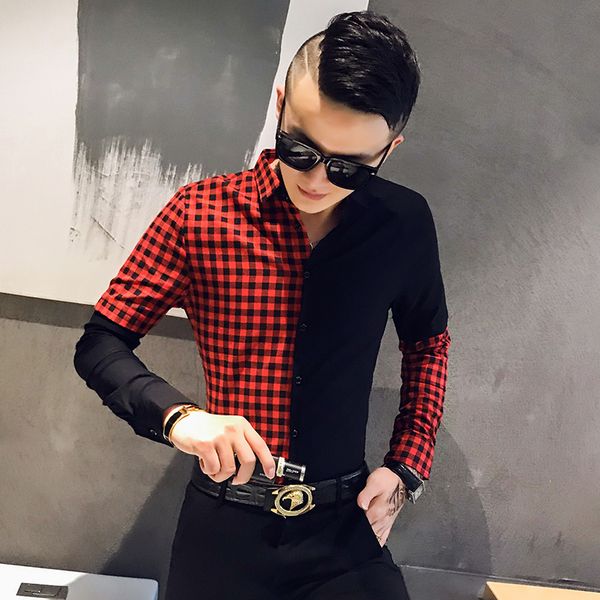 

red 2019 spring and autumn new men's splicing long sleeve shirt slim shirt trend 301a-1 / cs119 / p55, White;black