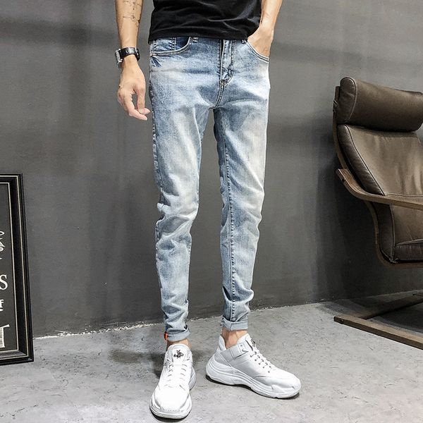 

autumn new jeans men slim fashion washed solid color casual denim trousers man streetwear wild hip hop small feet pencil pants, Blue