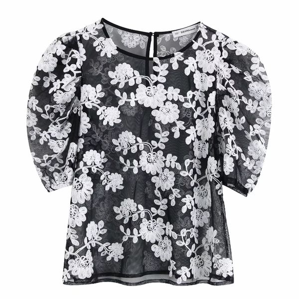 

new women's temperament flower embroidery mesh shirt blouses women puff sleeve transparent casual roupas blusas chic ls3971, White