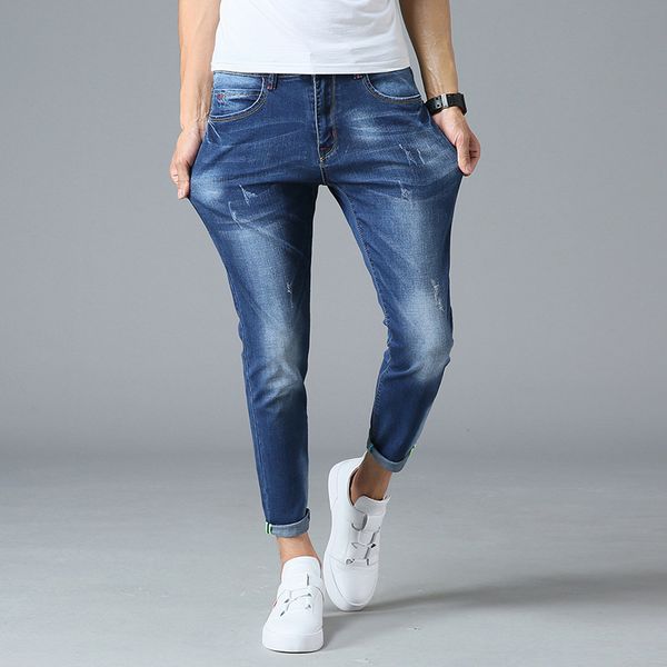 

брюки до щиколотки мужские тонкие повседневные стрейч-брюки джинсы, Blue