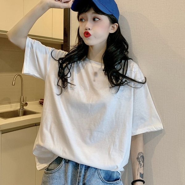 

women's t-shirt women t shirt summer solid color round neck short sleeve loose female korean style simple casual, White