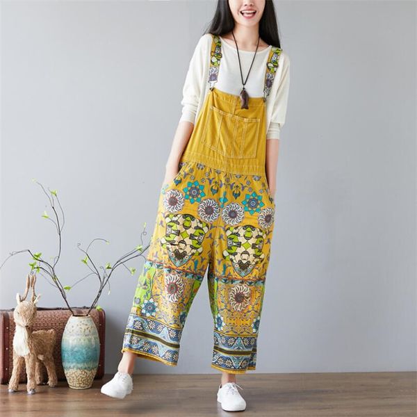 

2019 new national style plus size suspender pants vintage print women denim jumpsuit casual female loose overalls p1095, Black;white