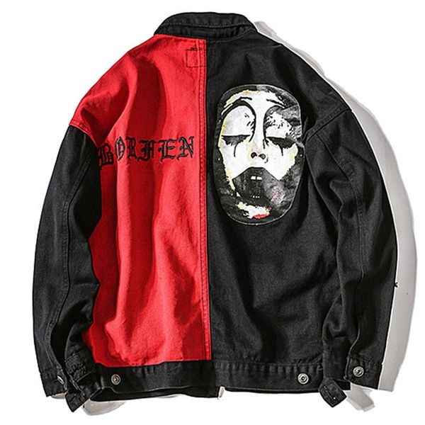 

джинсовая куртка мужчины клоун лоскутное рваные мужская куртка ковбой повседневная хип-хоп рубашка хай-стрит мода верхняя одежда карманные м, White;black