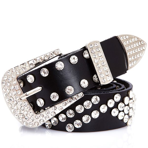

punk diamond rivet women's belts 2020 fashion bling street metal buckle female belt elegant pu faux leather casual women belt, Black;brown