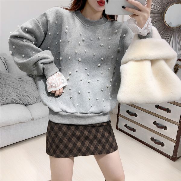 

whitney wang 2020 spring fashion streetwear lace patchwork pearls beading fleece sweatshirt women hoodies pullover, Black