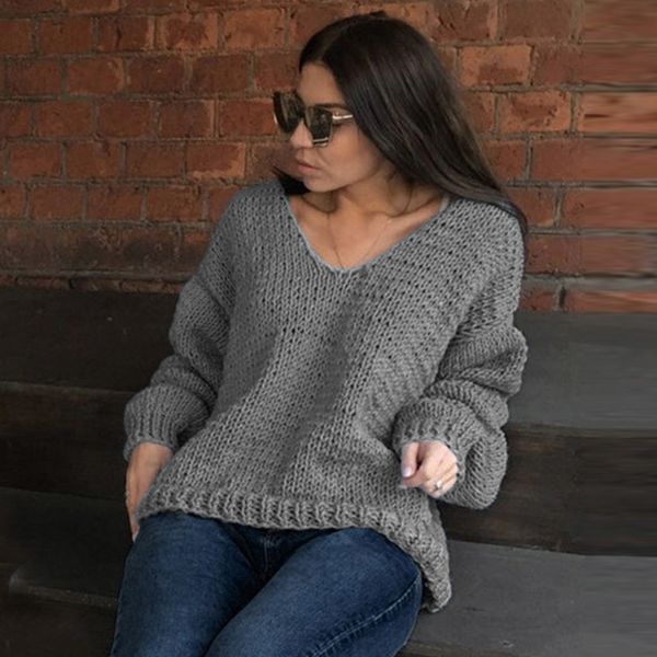 

fashion winter women's casual solid full sleeve v-neck lazy loose sweater knitwear female jumpers pullover women, White;black