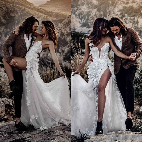 

new country boho strapless wedding dresses 2020 sheer split side buttons lace applique bohemian wedding bridal gowns, White