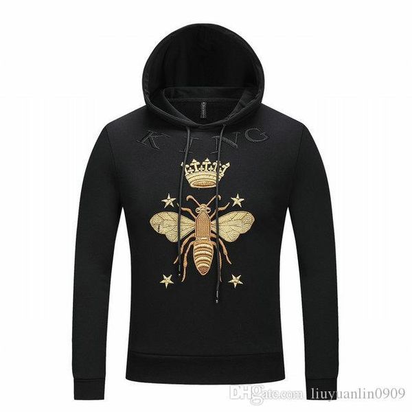 

2018 autumn and winter pullover sweater hooded men's thick long-sleeved bee embroidery cotton casual coat crown cool, Black