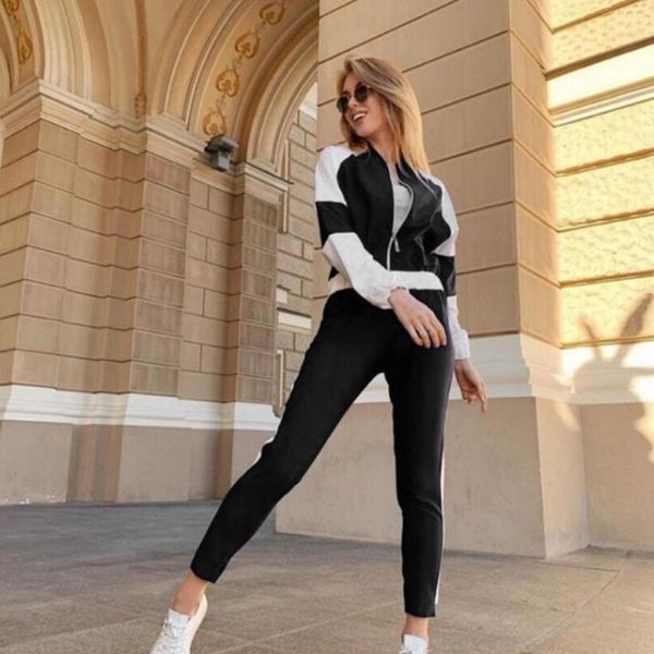 

two piece set and pants women's tracksuit womens splice two piece zipper long sleeve pocket sports casual pants set#y15, White;black